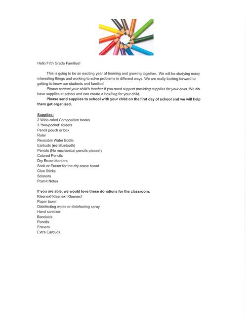 5th Supply List